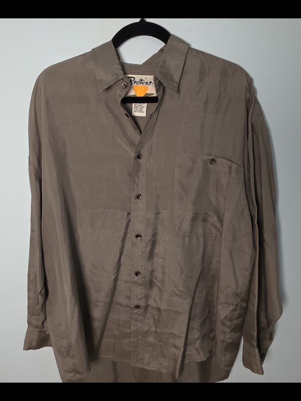 100% Silk Button Down Blouse Olive Green Size M Minimalist